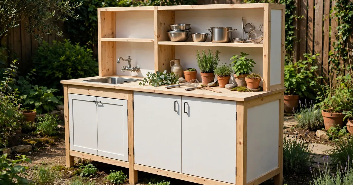 IKEA mud kitchen with sink and tap in a garden