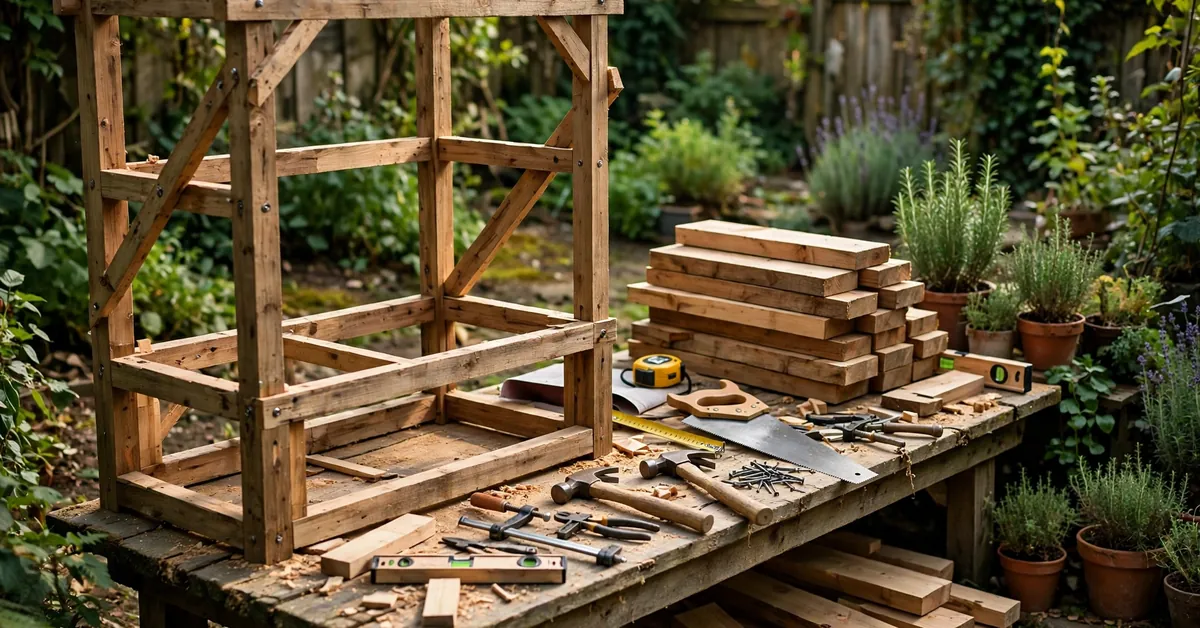 Simple wooden DIY mud kitchen built from a plan
